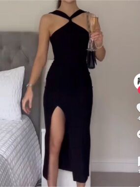 Vesper Black Cross-Neck Maxi Dress with Front Thigh Slit